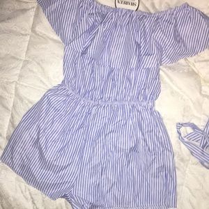 NWT OFF THE SHOULDER BLUE PIN STRIPE ROMPER